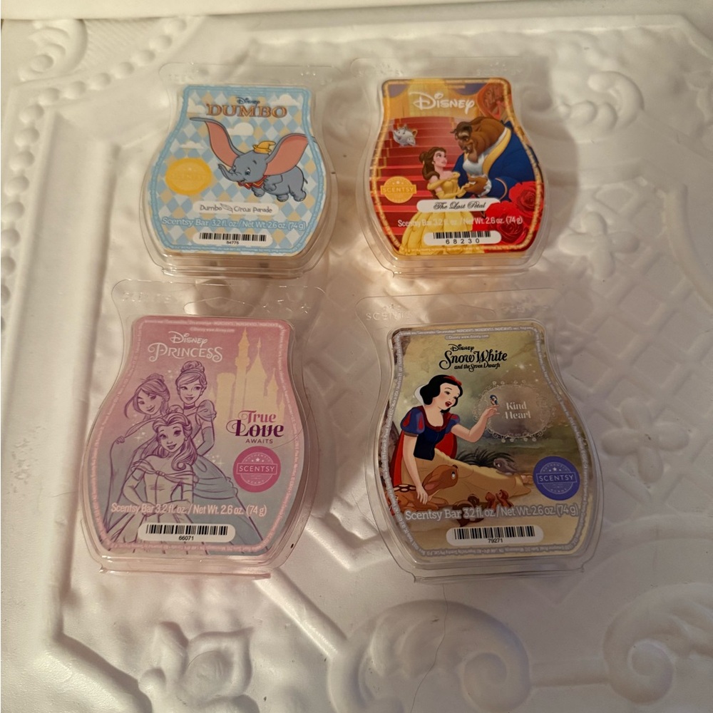 4 Retired Disney  Scentsy Bar Wax Melt- Snow White, Dumbo, Beauty & Beast Prince